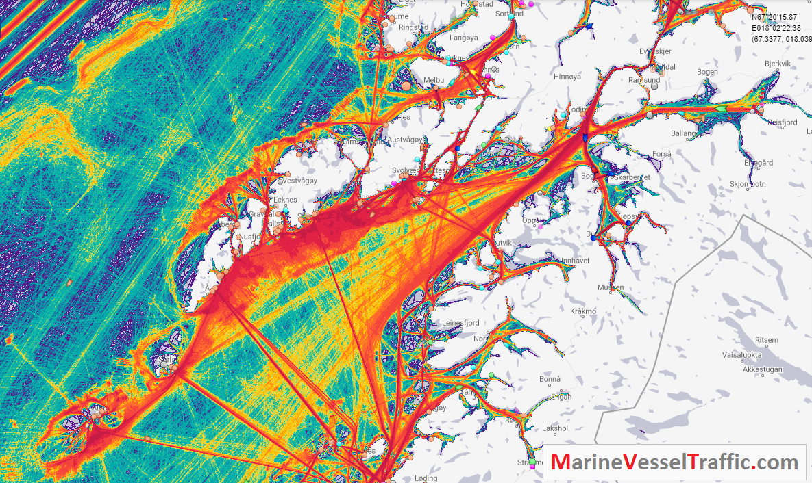 Live Marine Traffic, Density Map and Current Position of ships in VESTFJORDEN